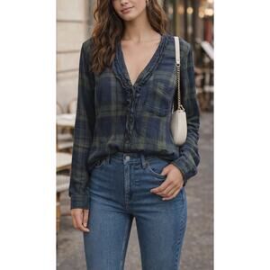 Abercrombie Plaid Ruffle Blouse Medium Navy Green V Neck Flowy Top